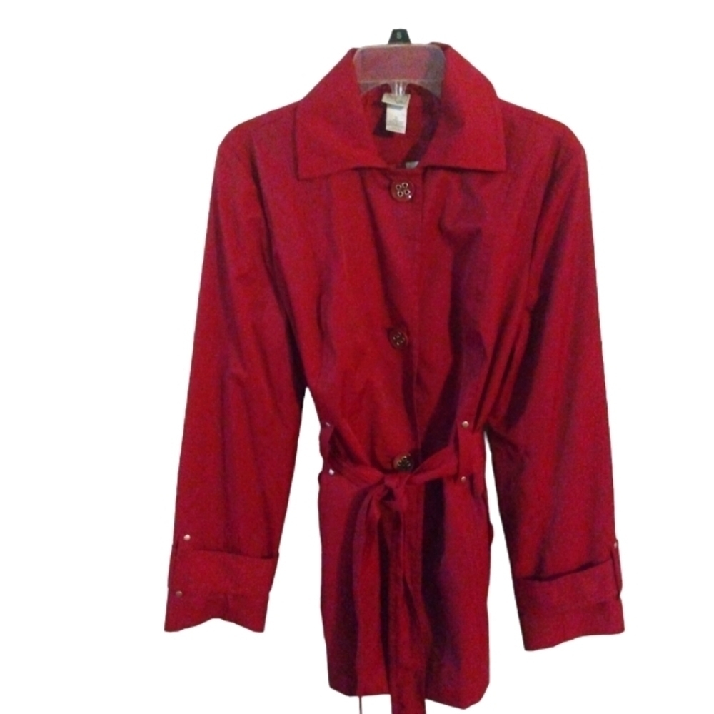 Red Trench Style Raincoat w. Polka Dotted Liner Fashion Bug Button/Stud Accent M